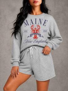 Women's Plus Size 2-Piece Set - Autumn Loose Waffle Knit Sweatshirt And Elastic Waist Shorts - Home Casual Daily Wear Elegant - Grey - View 3