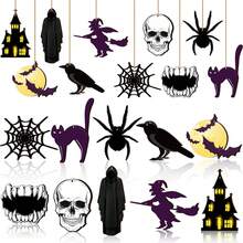 88 Peças Decorações de Madeira Penduradas de Halloween, Decoração de Árvore de Halloween, Enfeites de Madeira Góticos Coloridos Vazados e Esculpidos com Corda, Adequado para Decoração Interna de Festa de Árvore Pequena em Casa (Estilo Fashion) - Visão 9