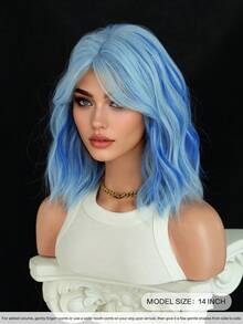 7JHH WIGS Shoulder-Length Wavy Bob Wigs For Women 14 Inch Short Curly Middle Part Wig With Curtain Bangs, Natural-Looking Synthetic Heat-Resistant Fiber Wig For Party Cosplay Use ( Blue, Pink, Red, Brown ) - Multicolor - View 4