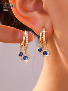 Hihho 1 Pair Minimalist Fashion Double-Layer Round Zirconia Stone Dangle Earrings, Luxury Elegant Design Everyday Jewelry Accessory, Suitable For Formal Wear, Parties, Gifts - Round Drop Earrings - View 2