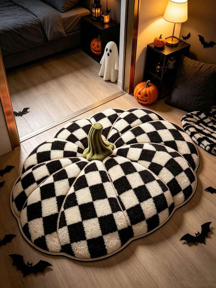 1pc Halloween Themed Black & White Pumpkin Pattern Doormat, Bathroom Mat, Bathroom Rug, Door Mat, Small Rug, Carpet, Floor Mat, Home Decor, Area Rug, Outdoor Mat, Home Decor, Area Carpet, Bedroom Rug, Washable Carpet - Multicolor - View 1