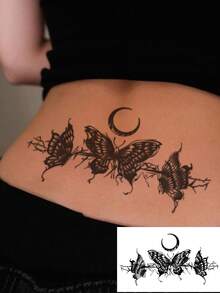 1 Sheet Dark Tone Drip Crescent Moon Triple Butterfly Lower Back Horizontal Temporary Tattoo Sticker, Waterproof Long-Lasting Gothic Celestial Fake Tattoo, Body Art Decal For Hip Rib Side Waist Upper Thigh - Black - View 1