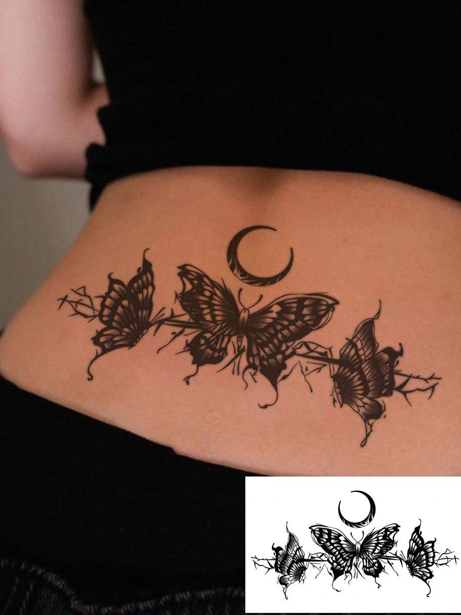 1 Sheet Dark Tone Drip Crescent Moon Triple Butterfly Lower Back Horizontal Temporary Tattoo Sticker, Waterproof Long-Lasting Gothic Celestial Fake Tattoo, Body Art Decal For Hip Rib Side Waist Upper Thigh - Black - View 1