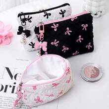 Cute Bow & Heart Pattern Wrist Makeup Bag, Large Capacity Cosmetic Storage Travel Makeup Bag, Elegant Gold Hardware (Black/White/Pink), Perfect Gift - Multicolor - View 2