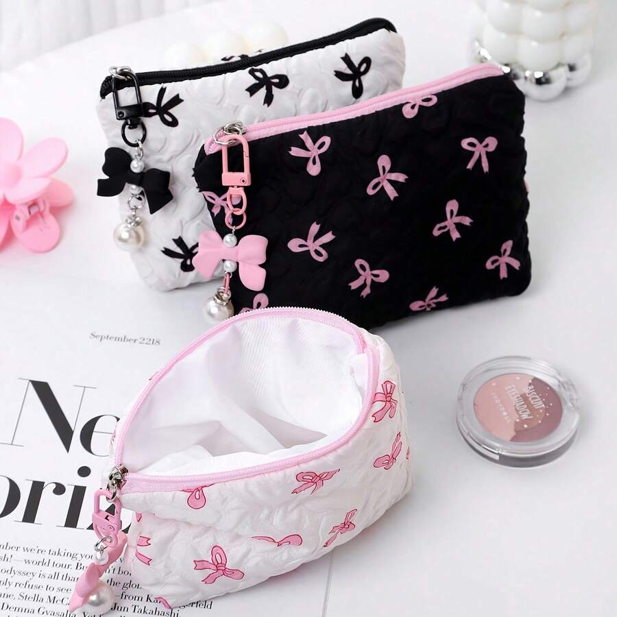 Cute Bow & Heart Pattern Wrist Makeup Bag, Large Capacity Cosmetic Storage Travel Makeup Bag, Elegant Gold Hardware (Black/White/Pink), Perfect Gift