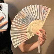 1pc Foldable Handheld Fan Macaron Gradient Floral Print Bamboo Ribs With Tassel Lightweight Folding Fan Suitable For Summer Wedding Party Decorative Handheld Fan - Multicolor - View 9