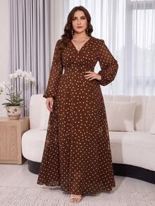 Women's Vintage Brown Polka Dot Dress, Overlap Collar, Bishop Sleeves, Flared Hem, Elegant Plus Size Soft Dress Vacation Summer - Coffee Brown - View 3