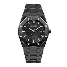 PINTIME 1PC Men's Calendar Watch With A Black Octagonal Mesh Dial, Stainless Steel Band, Minimalist Business Style, Water-Resistant Luxury Quartz Watch - Black - View 7