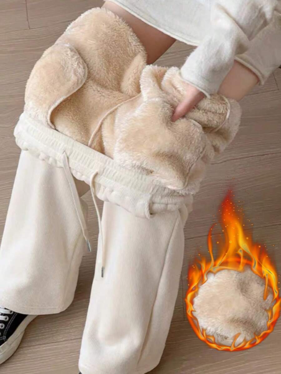 Soft Corduroy Fleece Lined Pants, Cozy High Waist Winter Trousers - Light Beige - View 1