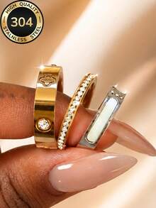 3pcs/Set Women's European & American Vintage Fashion Versatile White Edge Rings, Gold & Silver Dual Color Stackable Set, 304 Stainless Steel, Waterproof & Hypoallergenic, Suitable For Work, Commute, Banquet, Party, Vacation, Casual, Couple Anniversary Gift, Halloween, Christmas Gift - Mixed Colors - View 4