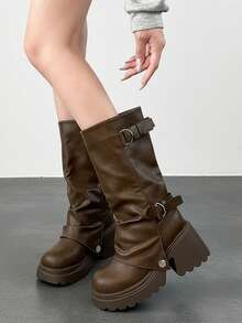 Multi-Buckle Ruched Thick Sole Knee-High Boots, Plus Size Women's Vintage Autumn/Winter Street Rider Boots - Khaki - View 1