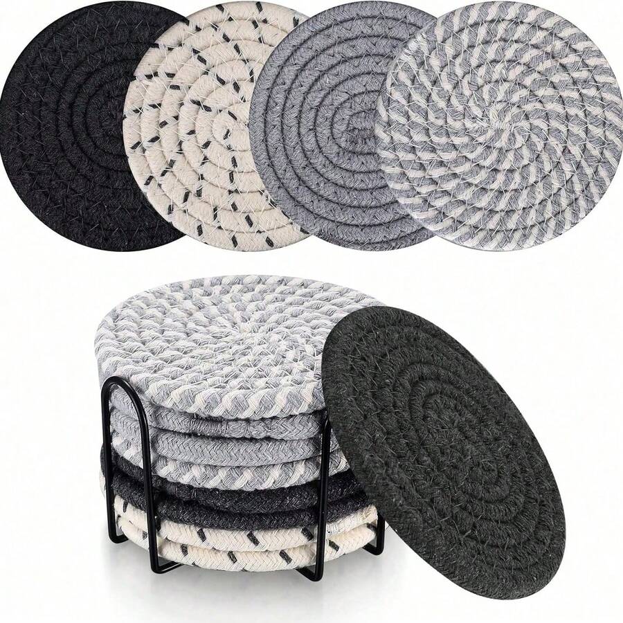 Set Of 8 Absorbent Cotton Round Coasters In Assorted Colors With A Sealed Holder, Non-Slip Base For Mugs, Glasses, And Wine Glasses - Multicolor - View 1