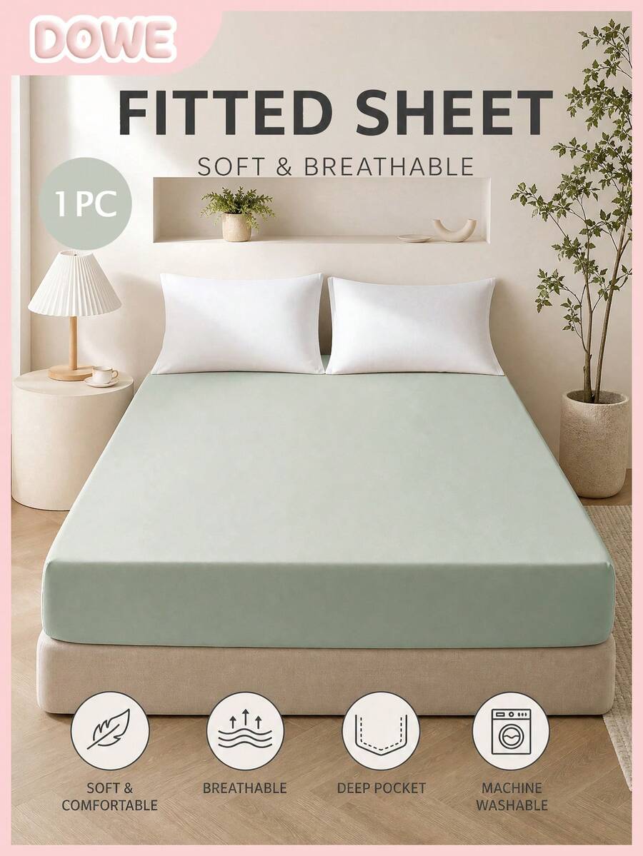 1pc Solid Color 25cm Deep Pocket Fitted Sheet, Soft & Breathable Mattress Protector, Suitable For All Bed Sizes, Dorm & Home Bedding Decor - Green - View 1