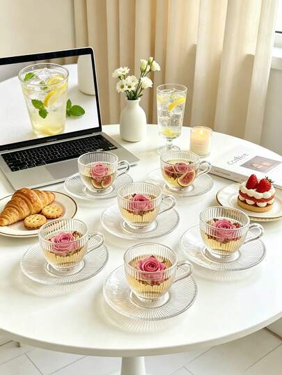 1Set/6Set French Ins Vintage Vertical Stripe Glass Cup & Saucer, 90ml Thickened High Borosilicate High Transparency Heat-Resistant Cold-Resistant Shatter-Resistant Glass, Matching Same Pattern Non-Slip Integrated Cup & Saucer, Suitable For Coffee, Black Tea, Herbal Tea, Fruit Juice, Hot And Cold Drinks