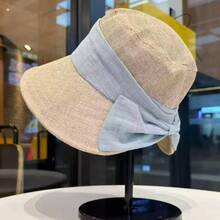 New Hot-Selling Fashion Personalized Elegant Versatile Japanese Style Linen Bow Bucket Hat Women's Summer Wide Brim Sun Protection Bucket Hat Breathable Lightweight Back Split Sun Hat - Upgraded Linen Wrinkle - View 12