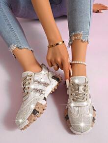 Women's Ivory Lace-Up Chunky Sneakers With Rhinestone Floral Lace Panels, Glitter Laces, Round Toe And Sculpted Contrast Sole - Gold - View 3