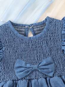 Infant Girls Denim Bubble Romper With Ruffle Sleeves, One-Piece Jumpsuit, Bow Decor, Cute Summer Outfit - Medium Wash - View 4