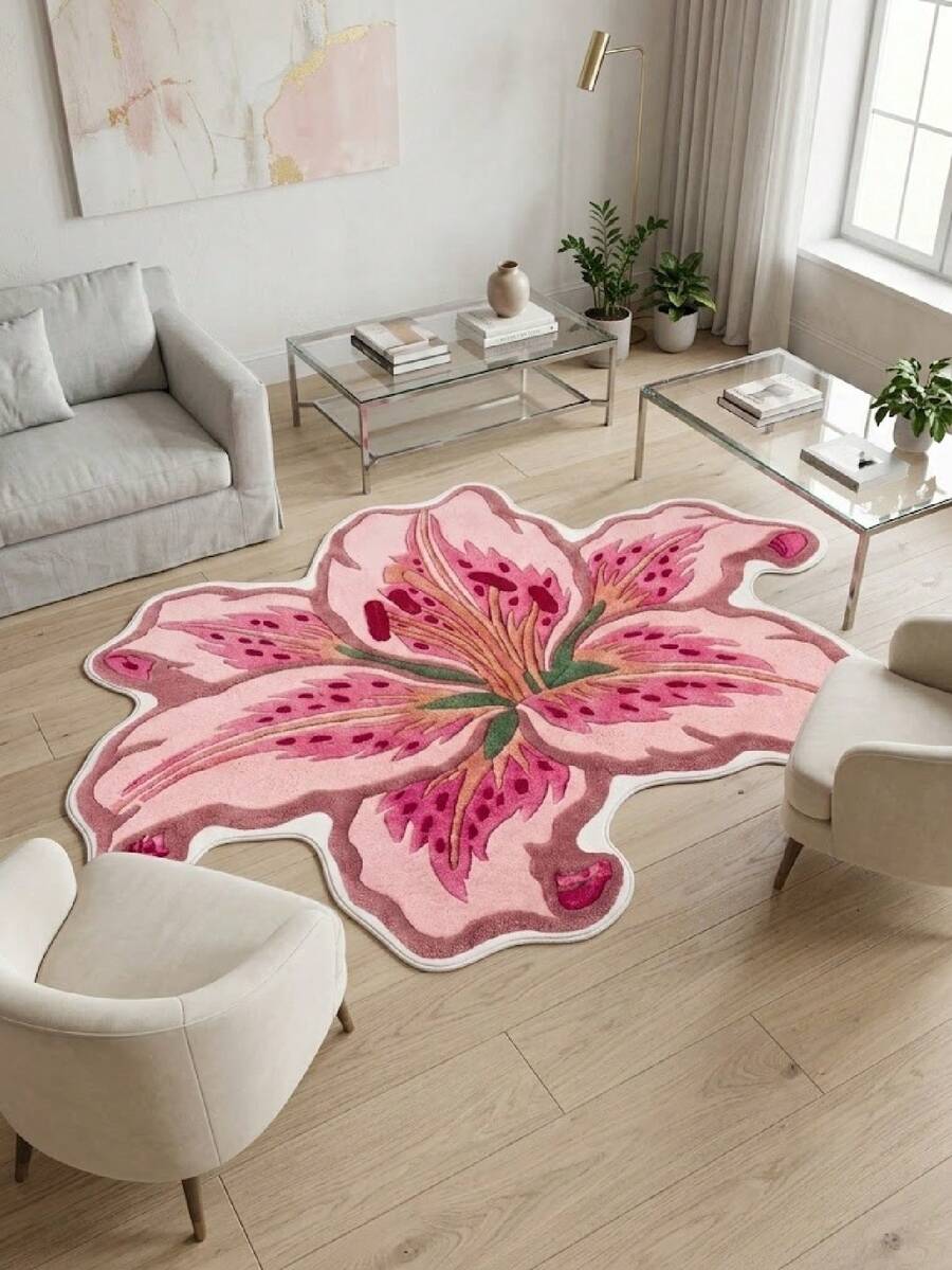1pc Pink Lily Flower Shaped Velvet Carpet, Soft Plush Rug, Room Decor, Home Supplies, Indoor Doormat, Kitchen Mat, Bathroom Mat, Home Decoration, Bedroom Decor, Bathroom Decor - Pink - View 1