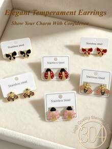 6/3pcs Gold Women's Earring Set, Fashion Party, Travel Vacation, Engagement Gift, Suitable For Various Occasions, High-Quality Stainless Steel Earrings, Including Butterfly, Bee, Ladybug Shaped Studs, Multiple Styles, Low-Allergenic Earring Set, Cute Versatile Elegant Style, Best Gift Choice For Female Friends On Holidays - Oil Dripping Kit - View 4