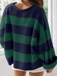 Women's Casual Colorblock Striped Pattern Drop Shoulder Loose Sweater - Blue and Green - View 3