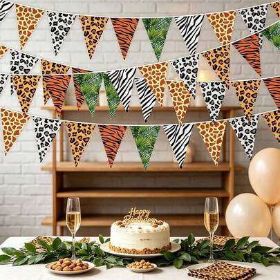 Jungle Farm Animal Triangle Pennant Banner, 5 Styles Safari Animal Head & Animal Skin Print Bunting Garland, Pre-Strung Wild Zoo Barnyard Hanging Flag Decor For Jungle Safari Party, Farm Themed Gathering, Zoo Event, Wildlife Backdrop Mantel Supplies