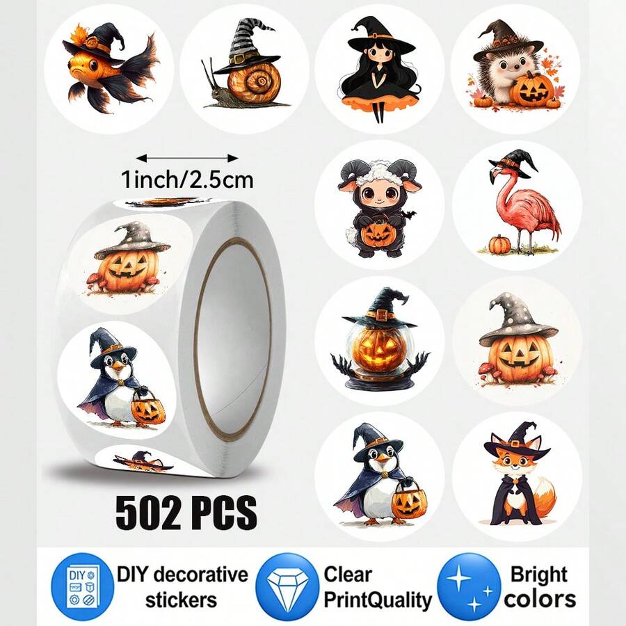 502 Pcs/Roll Halloween Element Animal Pattern Stickers, 10 Assorted Styles, Gift Wrapping Labels, Scrapbooking Stickers, Planner Gift Wrapping, Paper Craft Decoration, Party Gifts, Gift Box Decoration And Reward Stickers - Multicolor - View 1