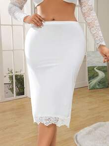 Plus-Size Women's Slimming Midi Skirt: High-Waisted, Lace-Trimmed, Side Slit, Mid-Length, Figure-Hugging, Bodycon, With A Slip To Prevent Exposure - White - View 3