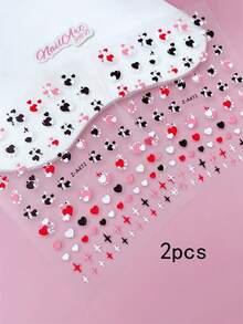 2 Peças Adesivos de Unhas com Relevo 5D, Unhas, Decoração DIY, Rosa, Vermelho, Preto, Branco, Coração, Estrela, Coração, Letras KISS em Inglês, Coração com Padrão de Grade Vermelha, Padrão de Laço, Adequado para Criar Arte de Unhas Estilo Retrô, Fofo, Y2K - Multicolorido - Visão 4