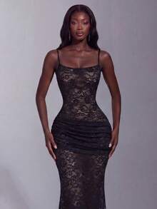 Elegant Spaghetti Strap Lace Dress, Ruched Waist Design, Perfect For Parties, Evening Events, Photoshoots And More - Black - View 4