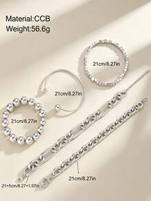5pcs/Set Punk Style Round Bead & Square Link CCB Silver Bracelet Set, Suitable For Women, All Seasons, Daily, Commute, Date, Vacation, Layering, Gift - Silver - View 6