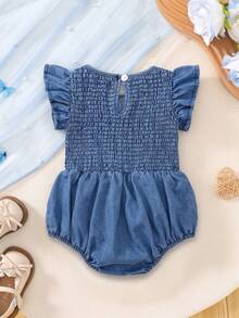 Infant Girls Denim Bubble Romper With Ruffle Sleeves, One-Piece Jumpsuit, Bow Decor, Cute Summer Outfit - Medium Wash - View 3
