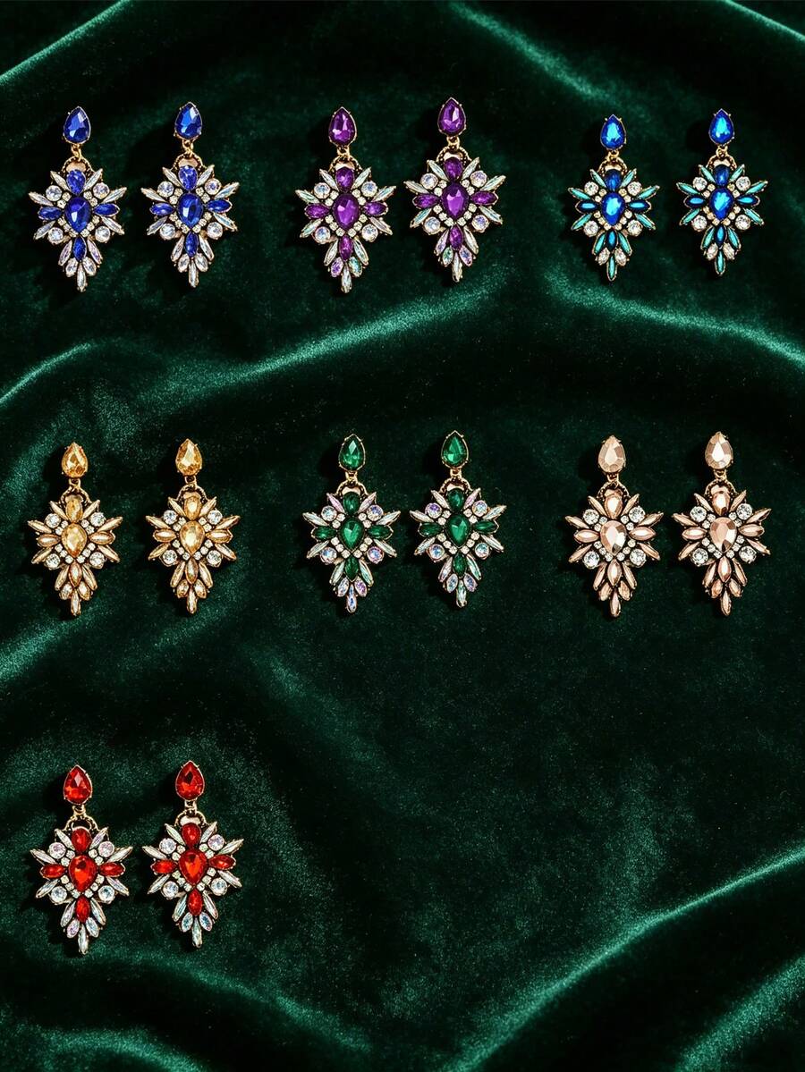 1 Pair Vintage Luxury Colorful Geometric Crystal Earrings, Exquisite Sparkling Jewelry For Women - Water Drop - View 1