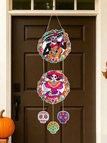 1 Set Day Of The Dead Sugar Skull Round Paper Hanging Decor, 2D Flat Colorful Floral Skull Wall Decoration, Suitable For Mexican Festival Celebration, Altar, Home And Party, Mexican Folk Art, Front Door Porch Home Decor, Halloween Party Supplies, Day Of The Dead - Multicolor - View 3