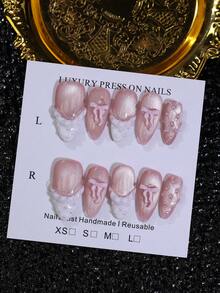 10 piezas de uñas postizas de almendra con ojo de gato rosa dulce, hechas a mano, con lazo 3D y patrón de encaje de perlas, punta francesa blanca, reutilizables, para DIY, citas, uso diario, belleza de uñas, regalo para mujeres - Rosa - Ver 11