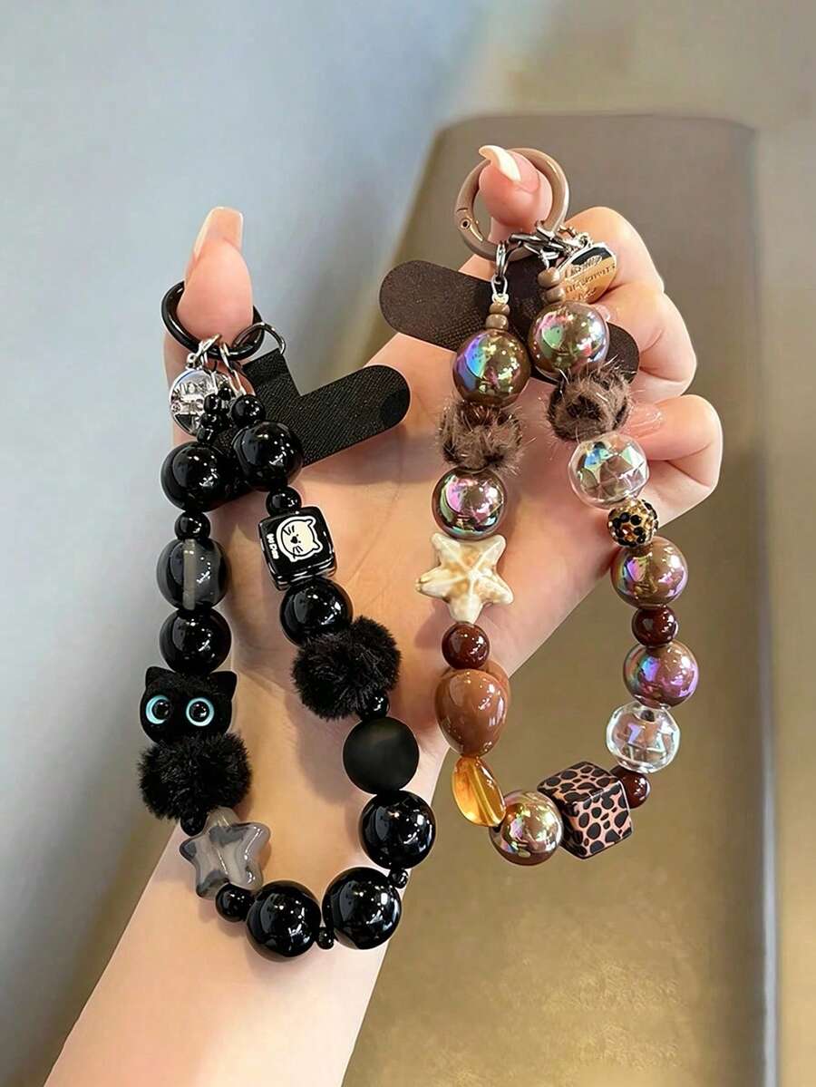 1PC Black Plush Cat Phone Lanyard Beaded Wrist Strap Car Key Chain Bag Charm Phone Hanging Chain With Free Spacer (Randomly Sent With Round Tag Or Without Round Tag) - Multicolor - View 1