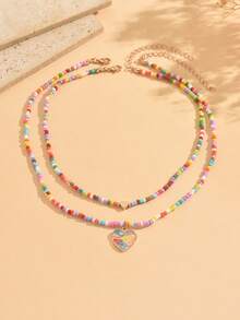 Set Kalung Liontin Hati Manik-Manik Berwarna-warni Manis dan Lucu untuk Musim Panas, Perhiasan Leher Wanita Populer Cocok untuk Pemakaian Sehari-hari, Liburan, Pesta, dan Kencan, Susunan Warna Manik-Manik Acak - MultiWarna - View 2