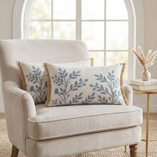 Elegant Leaf Embroidery Tassel Cushion Cover, French Country Pastoral Style Decorative Pillowcase, Suitable For Sofa Bed (18x18 / 12x20 Inches) - Misty Blue - View 10