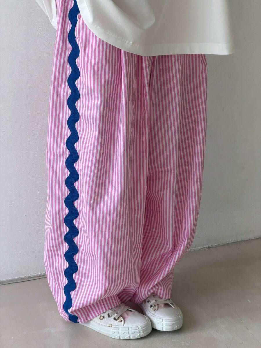 FLEXCHIC Women's Red Striped Patchwork Wide Leg Pants, Bohemian Style Bottoms, Suitable For All Seasons, Perfect For Valentine's Day, Horse Racing Events - Pink - View 1