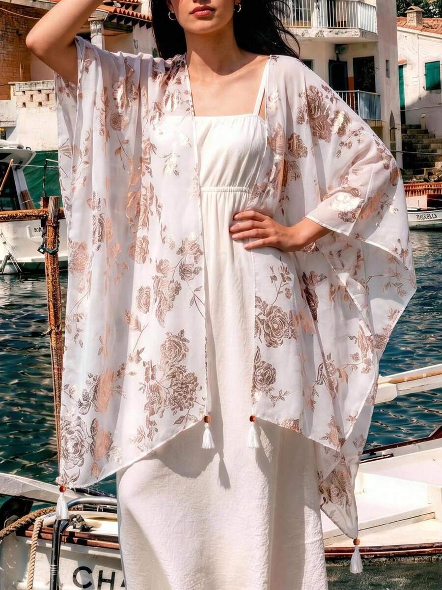 1pc Fashionable Elegant Floral Foil Print Linen Pendant Shawl, Women's Spring/Summer Outerwear, Vacation Travel Decorative Cardigan Shawl, Suitable For Daily Matching, First Choice For Gifts - White - View 1