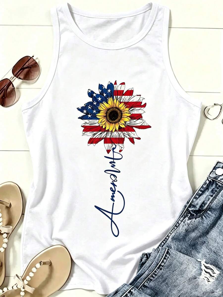 Women Sleeveless Tank Top, American Flag Daisy Patriotic Print Loose Vest, Casual White Summer Tops, 4th Of July Independence Day Daily Vacation - 白色4 - 查看 1