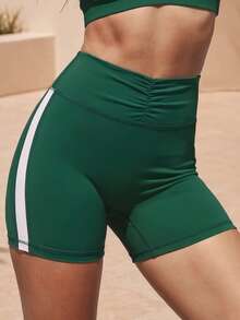 Women's Colorblock Tummy Control Ruched High Waist Butt Lifting Sports Shorts With Side Stripes - Green - View 6