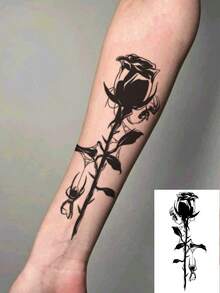 1 Sheet Black Solid Dark Style Rose Cobweb Spider Vertical Forearm Temporary Tattoo Sticker, Waterproof Long-Lasting Edgy Gothic Fake Tattoo, Body Art Decal For Wrist Rib Side Shoulder Calf Upper Arm - Black - View 1