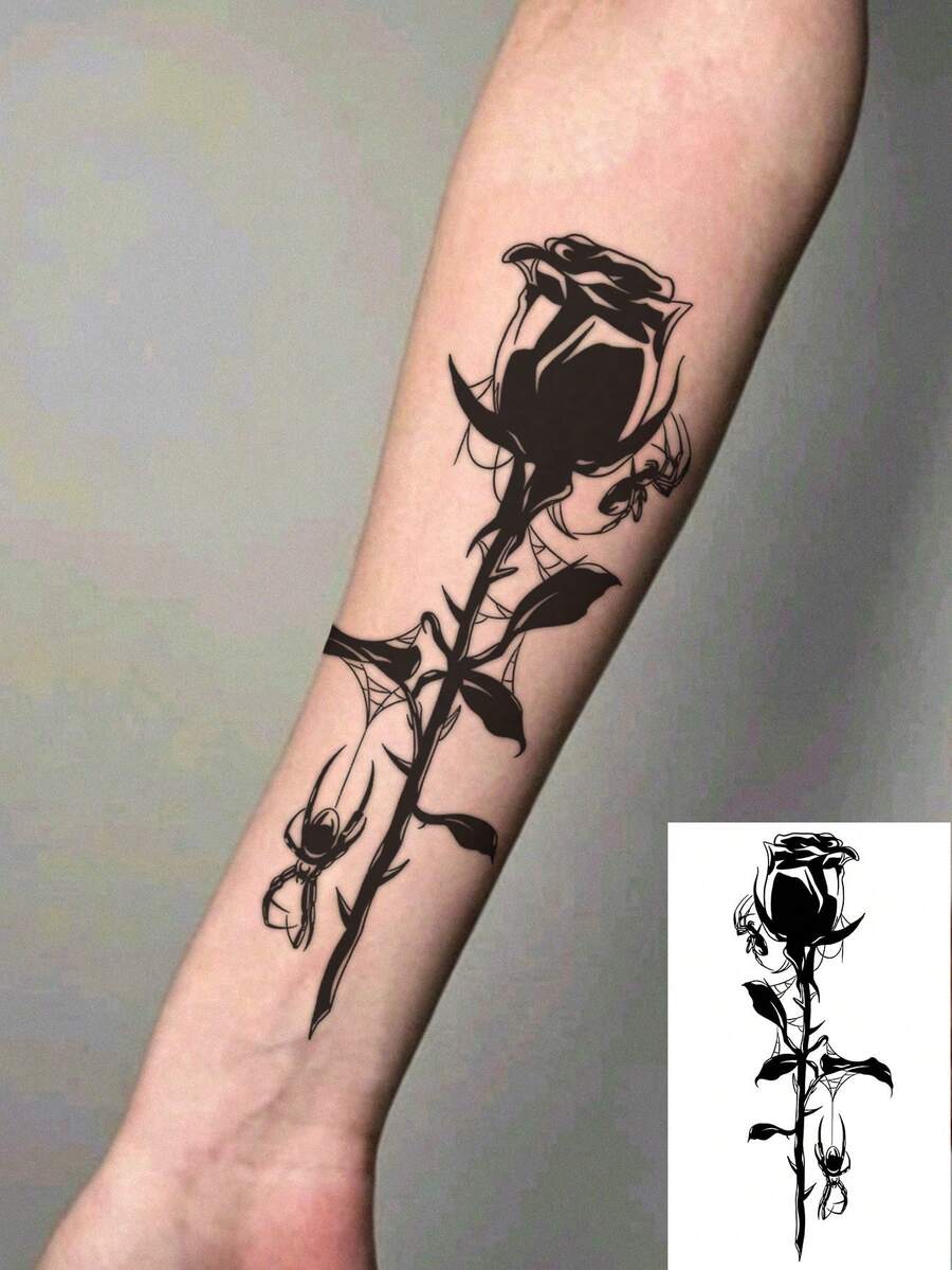 1 Sheet Black Solid Dark Style Rose Cobweb Spider Vertical Forearm Temporary Tattoo Sticker, Waterproof Long-Lasting Edgy Gothic Fake Tattoo, Body Art Decal For Wrist Rib Side Shoulder Calf Upper Arm - Black - View 1