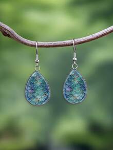 1 Pair Dreamy Glamorous Shiny Mermaid Scale Pattern With 316 Stainless Steel Water Drop Earrings Suitable For Women's Daily Wear - Mint Blue - View 8