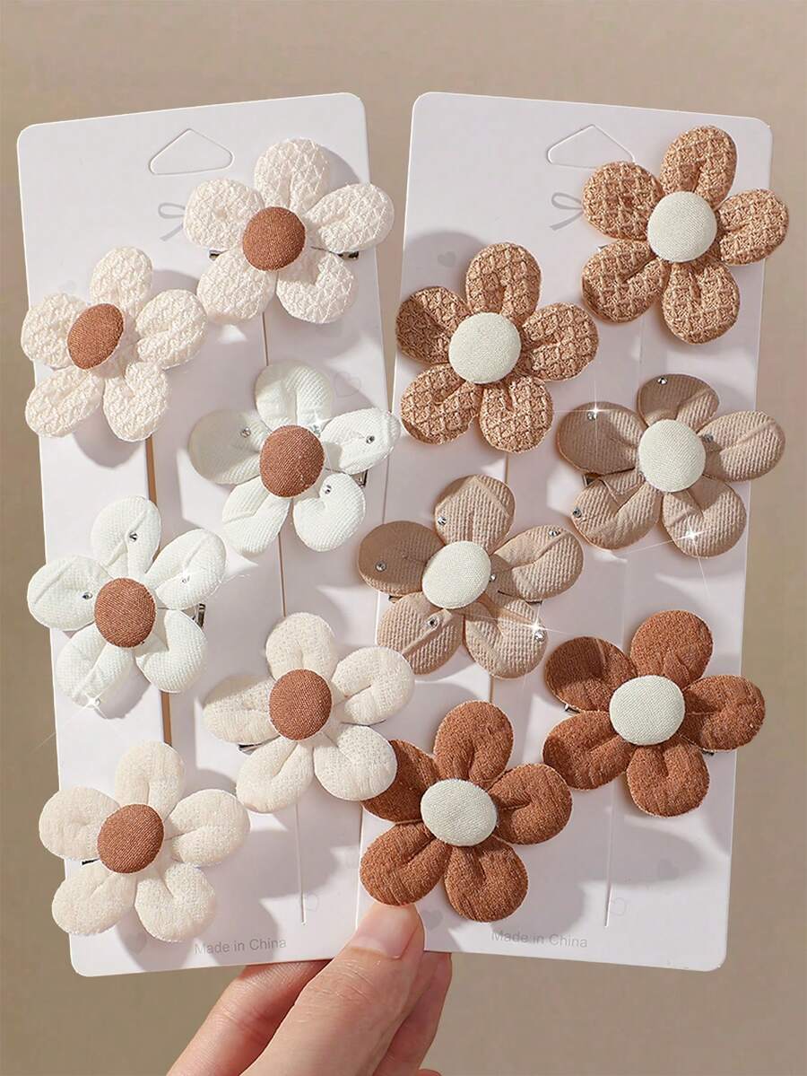 10入女童多色布藝3D花朵髮夾,甜美不傷髮髮飾,可愛百搭花卉裝飾DIY髮夾,適用額頭與瀏海,日常使用 - 彩色 - 查看 1