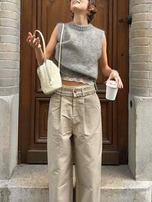 Mori Spring Autumn Winter Grey Women Sweater Vests Y2K Casual Sleeveless Mock Neck Fuzzy Knit Crop Tops Suitable For Going Out, Party & School Fall - Grey - View 3