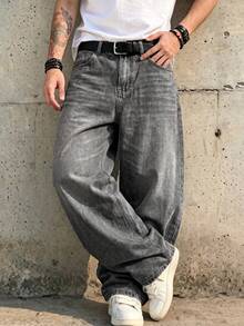 1 buah Celana Jeans Pria Model Longgar Kaki Lebar Gaya Vintage, Tidak Melar, Cocok untuk Pakaian Kasual dan Kerja - Grey - View 4
