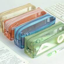 2/1 Cute Morandi Plaid Transparent Double Layer Pencil Case, Large Capacity Mesh Stationery Storage Bag With Handle And Zipper, Portable Travel Makeup Bag, Suitable For Adults, School, Office, Back To School Essential - Square - View 10