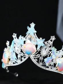 1pc Silver Mermaid Ocean Tiara, Starfish Shell Rhinestone Crown, Cute Underwater Theme Party Cosplay Hair Accessory - Silver Blue - View 4