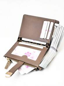 Classic Fashion Leopard Print Patchwork Short Wallet, Handheld PU Exquisite Snap Card Holder & Document Organizer, Compact And Lightweight - Chocolate Brown - View 8